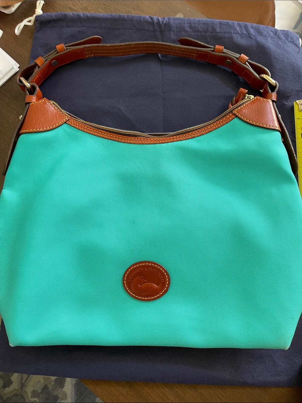 Dooney & Bourke Turquoise Shoulder Bag with Brown Leather Trim